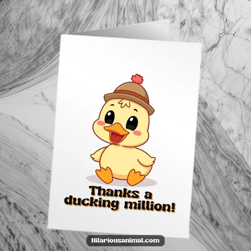 Funny Free Printable thank you card with a grinning duck wearing a funny hat and quacking heartily to express thanks.