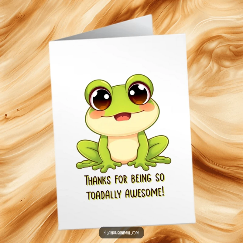 Funny Free Printable thank you card of a happy frog with wide, beaming eyes, joyfully croaking to say thank you.