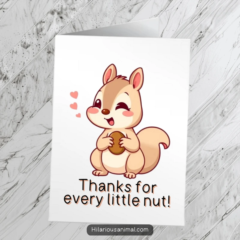 Funny Free Printable Thank You Card: A curious squirrel chattering with amusement, holding a nut, showing thanks.