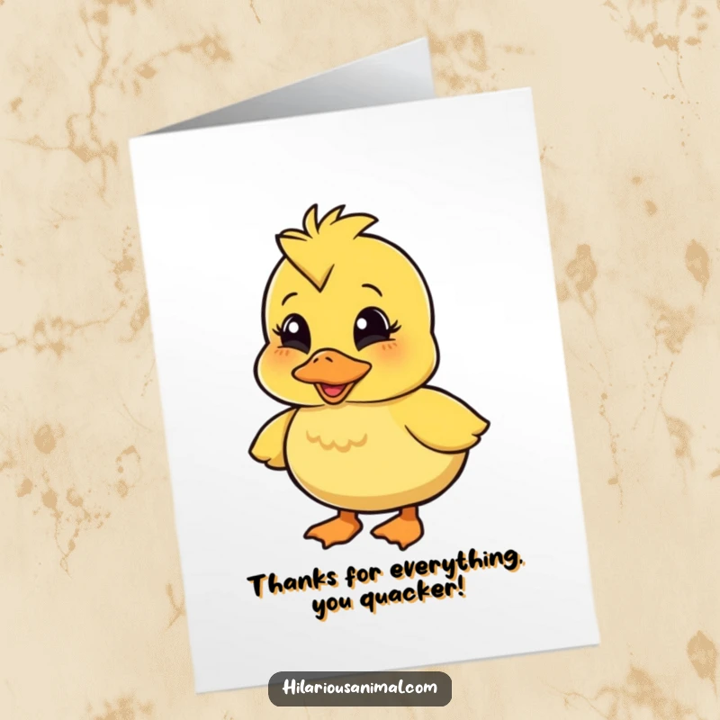 Funny Free Printable Thank You Card: Wobbly duckling character quacking with happy thanks, spreading gratitude.