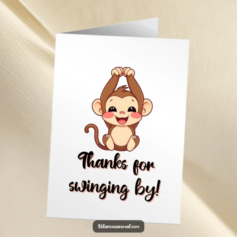 Funny Free Printable Thank You Card: A joyful monkey cub hanging upside down, chuckling, expressing heartfelt thanks with a playful twist.