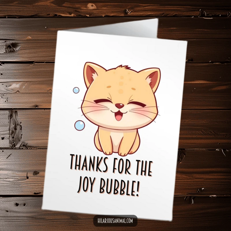 Free Printable Thank You Card of a happy whiskered creature with eyes shut in bliss, sending out a shimmering bubble of pure joy.