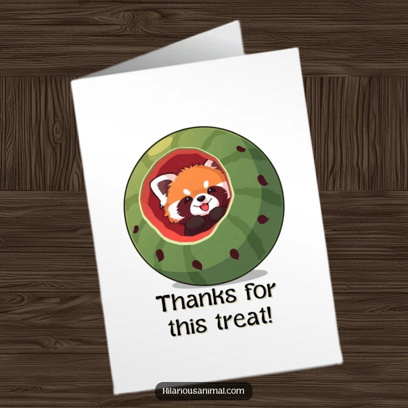 Funny Free Printable thank you card with a red panda comically stuck in a huge watermelon, offering a humorous thank you.