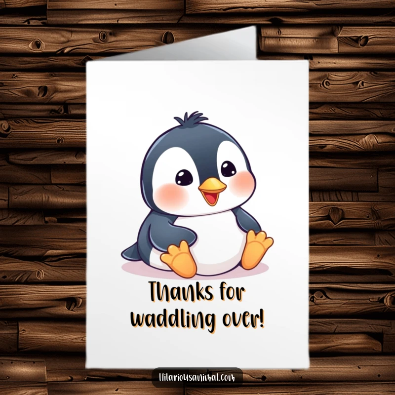 Funny Free Printable Thank You Card: A comical penguin cub smiling while sliding on its belly, expressing thanks with a funny flair.
