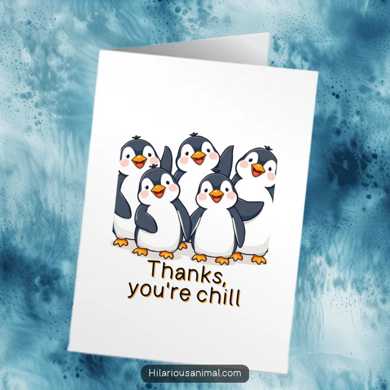Funny Free Printable Thank You Card: Happy penguins giggling with flippers in the air, perfect downloadable gift.