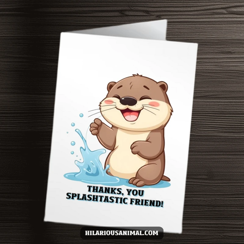 Funny Free Printable Thank You Card: Otter cub with a wide grin, spraying water playfully, sending thanks, a cute downloadable.