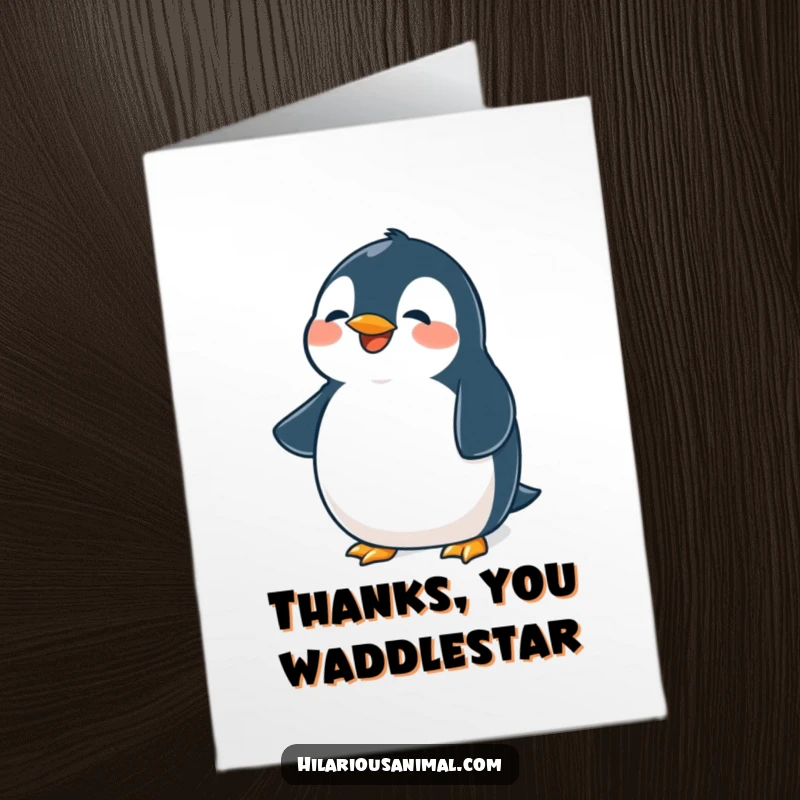 Funny Free Printable Thank You Card: Cute, plump penguin chuckling, belly shaking from laughter, a funny downloadable thank you.