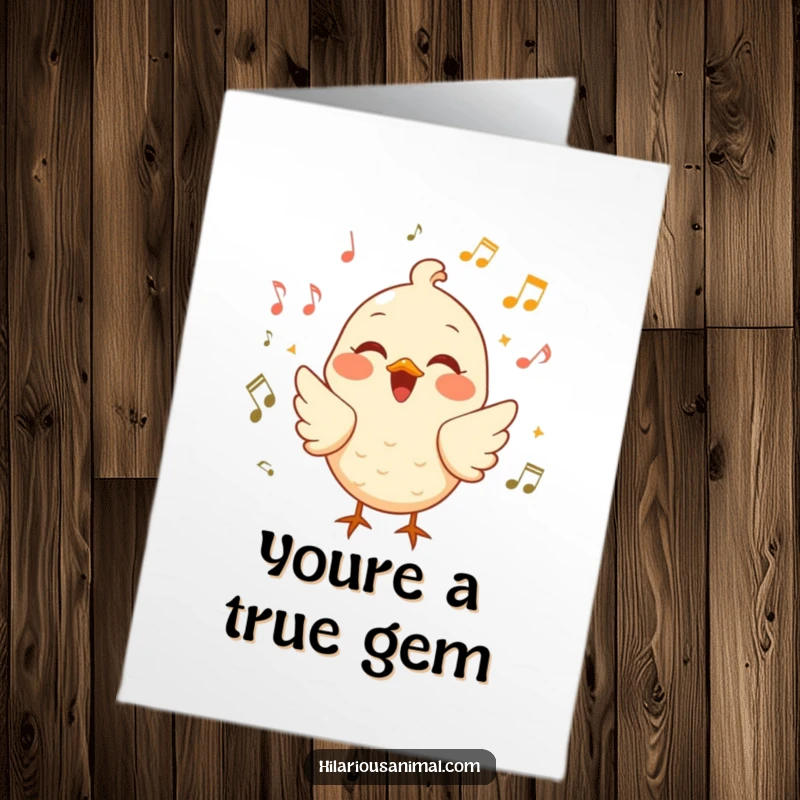Funny Free Printable Thank You Card: A happy bird chirping with laughter, accompanied by cheerful musical notes.