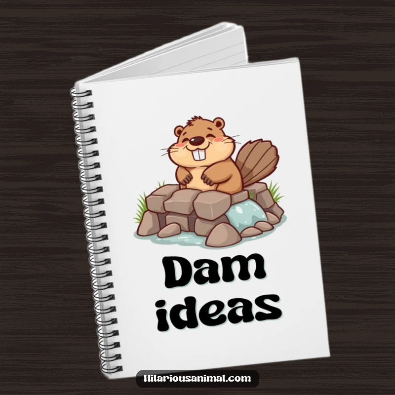 Funny chuckling beaver notebook with a beaver industriously building a lopsided dam, ready to record your brilliant ideas and plans.