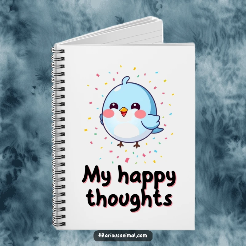 Funny round blue bird notebook with a colorful confetti shower, perfect for jotting down cheerful and whimsical notes.