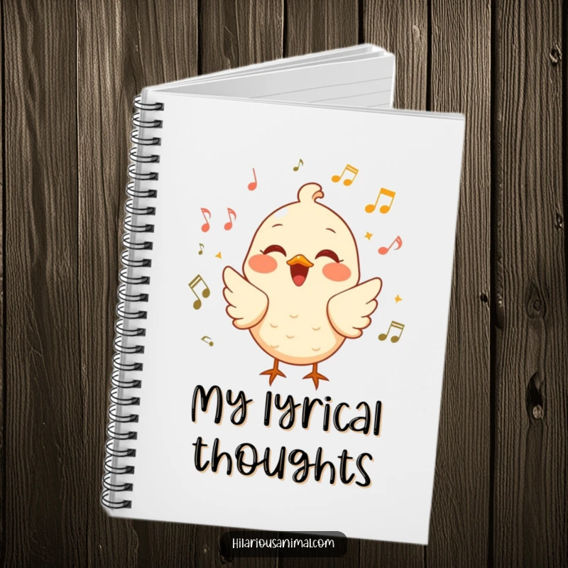 Funny cheerful bird notebook featuring a bird chirping with laughter surrounded by musical notes, for musical minds