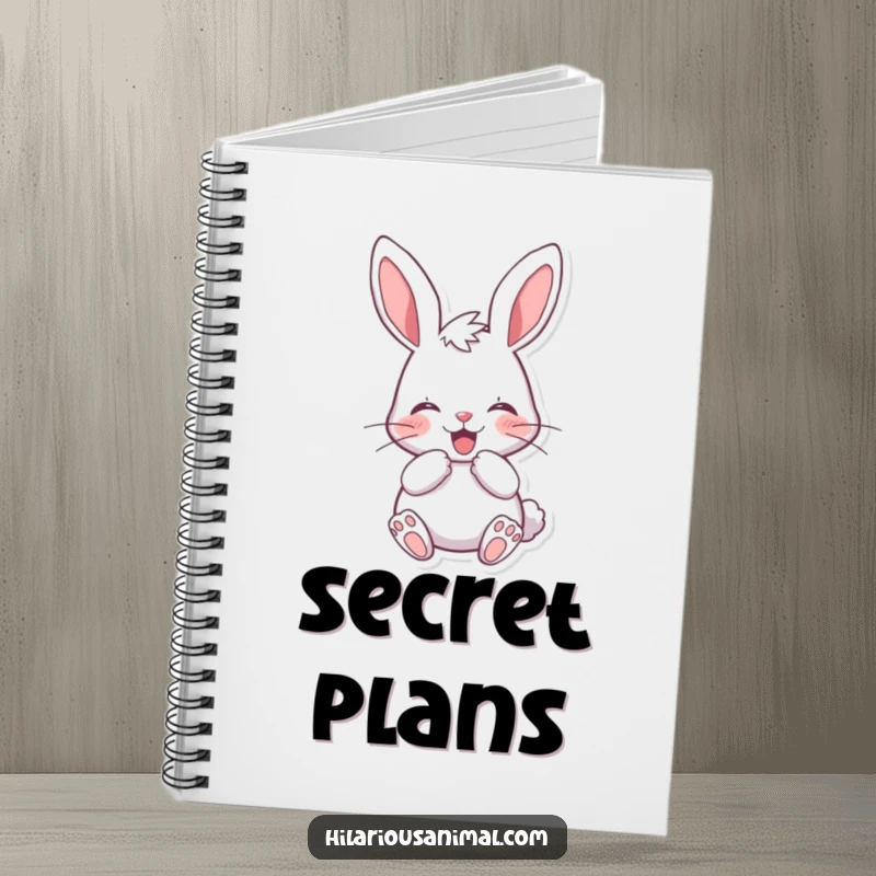 Funny cheerful bunny notebook with a rabbit muffling a laugh behind its paws, ready to record your brilliant ideas and thoughts.