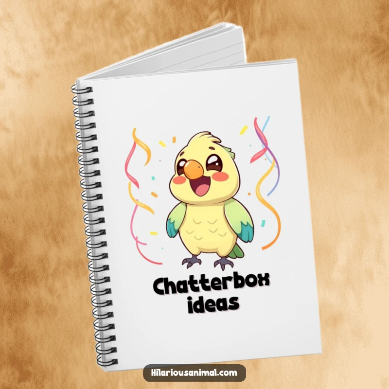 Funny joyful parrot with bright eyes chuckling amidst streamers, on a notebook cover, a festive and useful funny gift.