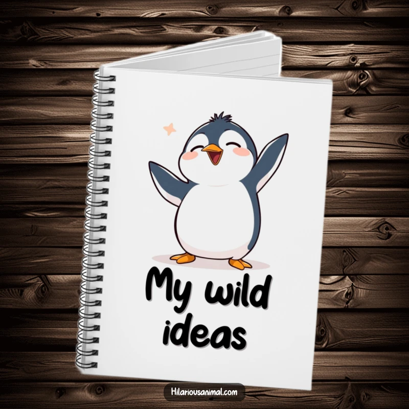 Funny clumsy penguin notebook featuring a penguin flapping flippers uncontrollably and chuckling, perfect for jotting down humorous ideas