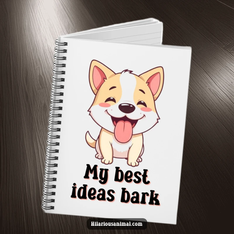 Funny dog notebook with a happy dog panting, tongue out, mid-chuckle, ideal for jotting down canine-inspired thoughts.
