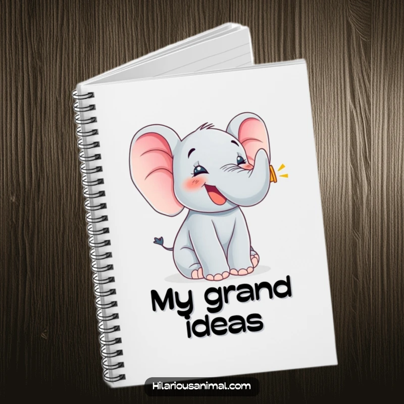 Funny elephant cub trumpeting with joy, open notebook, ears flapping, encouraging creative writing and happy note-taking.