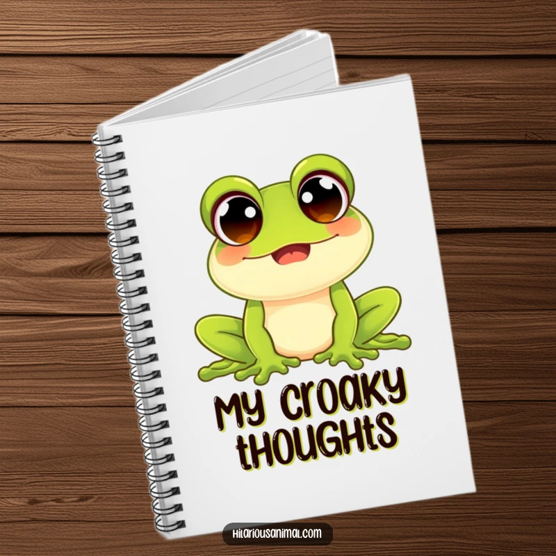 Funny happy frog notebook with wide beaming eyes, spiral-bound with lined pages, features a croaking amphibian, perfect for journaling and notes.