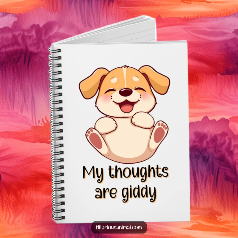 Funny dog notebook with a floppy-eared dog rolling on its back in a state of utter, gleeful giggling.