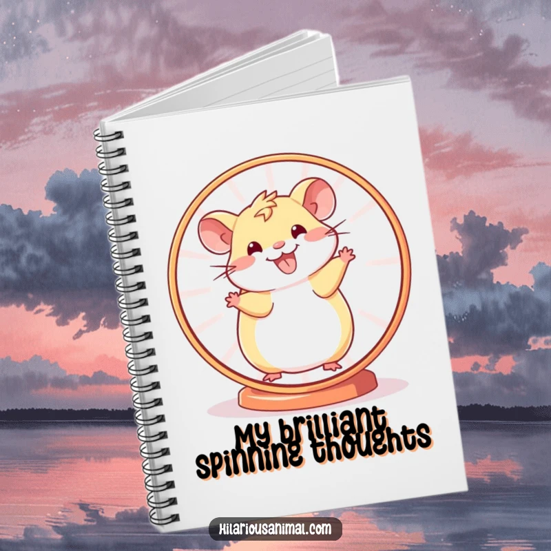 Funny Hamster Wheel Notebook featuring a smiling hamster spinning rapidly, perfect for jotting down notes and ideas with a humorous twist.
