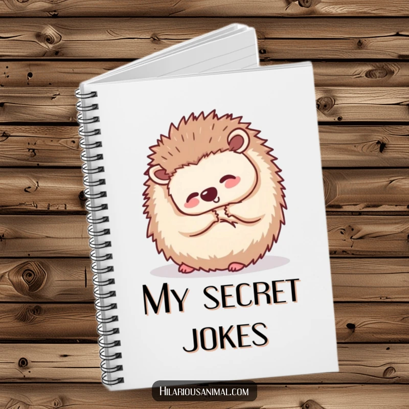 Funny small hedgehog curled into a ball, shaking with silent laughter, on a notebook cover, perfect for jotting down delightful thoughts.