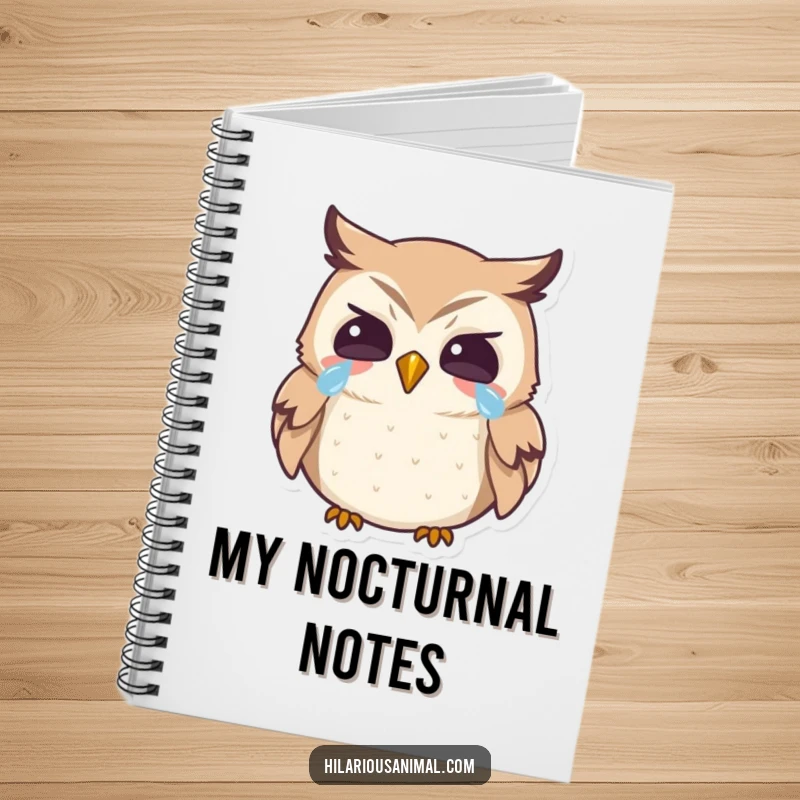 Funny owl notebook, journal with a tiny bird laughing heartily with tears, ideal for note-taking.
