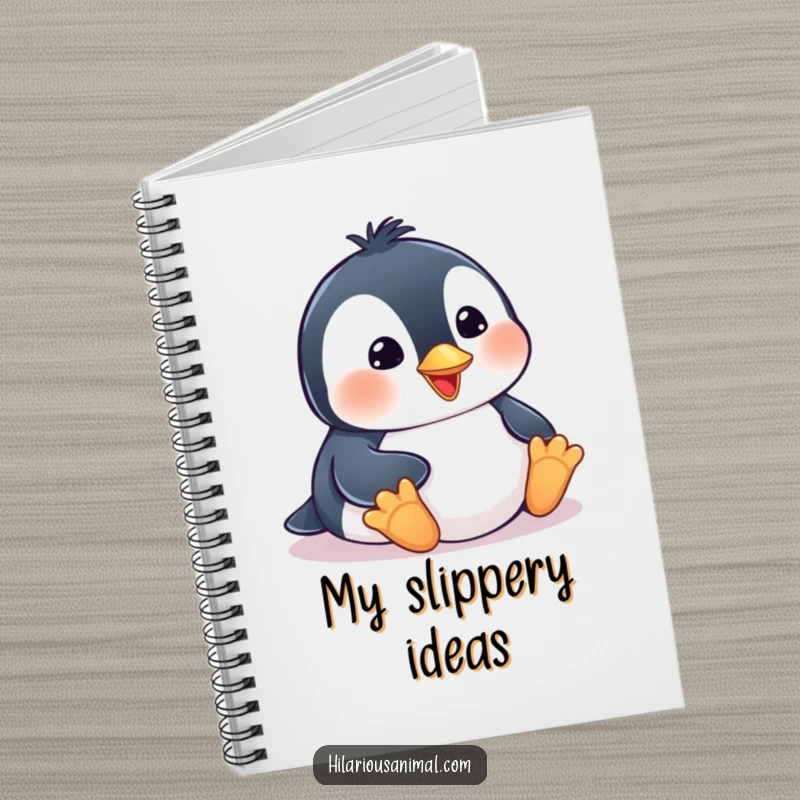 Funny penguin cub notebook, happily belly-sliding with a smile, perfect for jotting down funny thoughts and ideas.