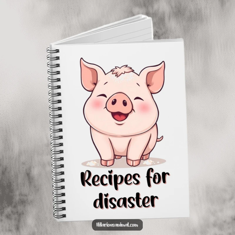 Funny piglet notebook, a plump piglet snorting with delight, covered in flour, encouraging playful notes and delicious recipe ideas.