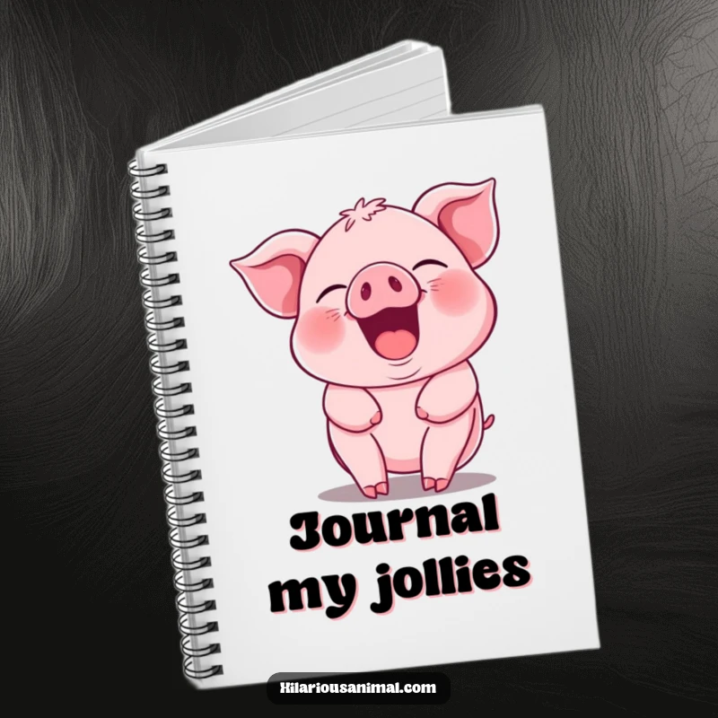 Funny pink piglet notebook, its body jiggling with infectious laughter, ready to hold your thoughts and doodles.