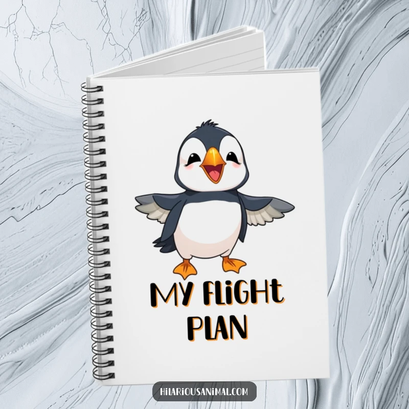 Funny cheerful puffin with wings flapping in amusement, laughing loudly, on a notebook cover, perfect for jotting down cheerful thoughts.