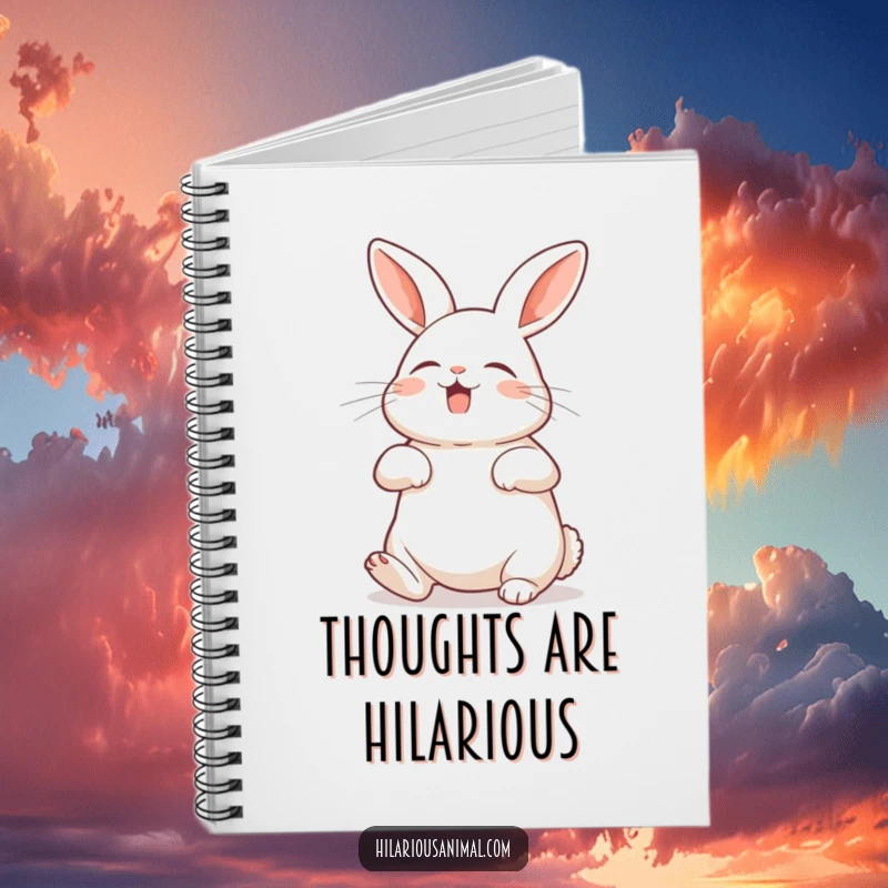 Funny rabbit notebook with a bunny exposing its belly, shaking with silent laughter, ideal for jotting down witty thoughts.