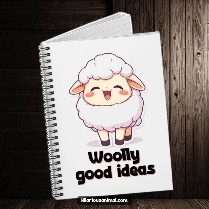 Funny joyful fluffy sheep character chuckling, head thrown back on a notebook, a journal radiating happiness, a perfect funny gift.
