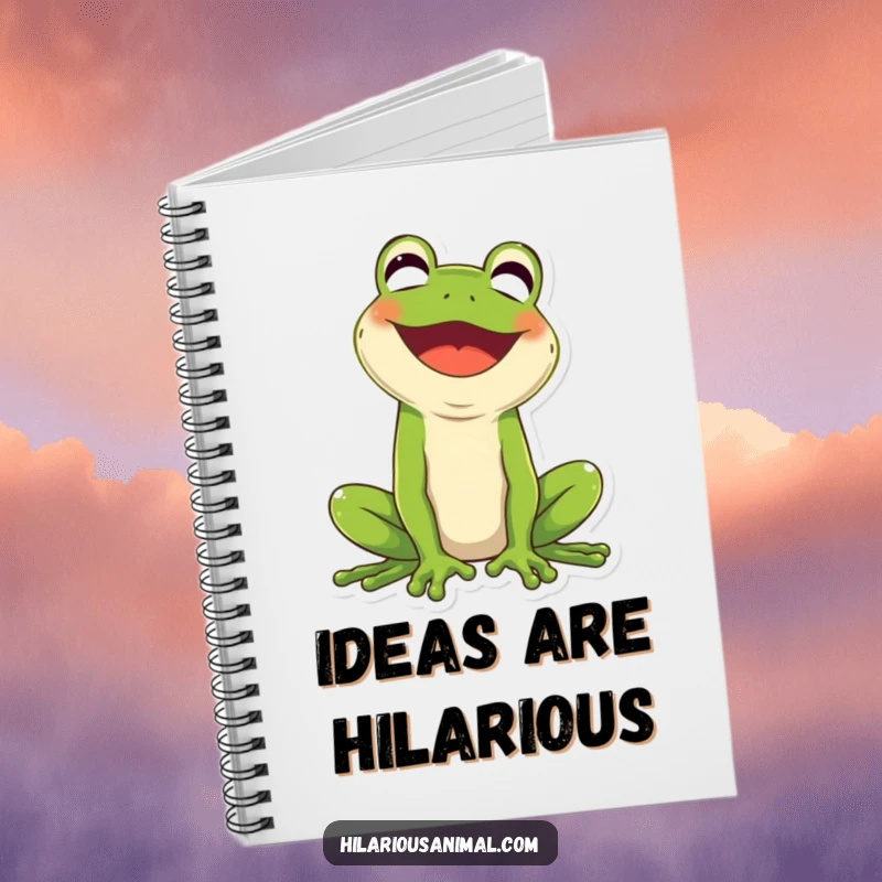 Funny green frog notebook, mouth wide open in ecstatic laughter, for capturing humorous notes.