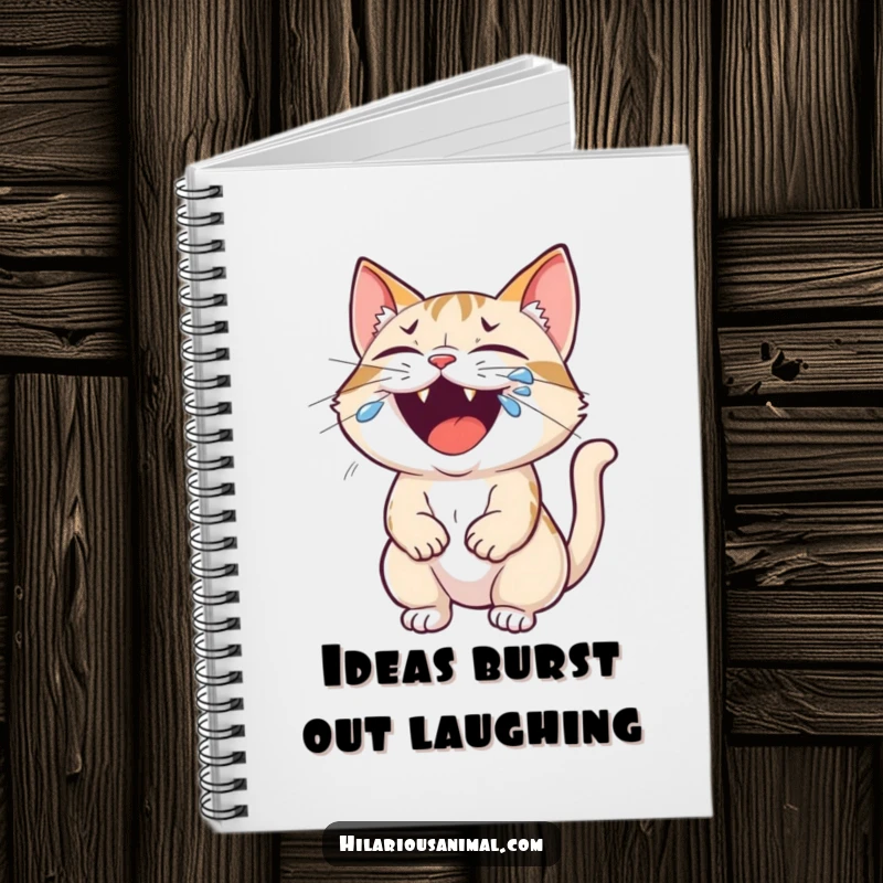 Funny cat notebook with a small cat roaring with laughter, tears streaming from its eyes, perfect for jotting down humorous thoughts.