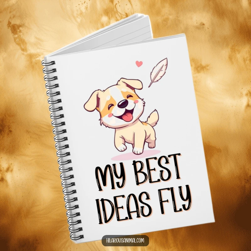 Funny notebook cover featuring a giggling, panting dog chasing a floating feather.