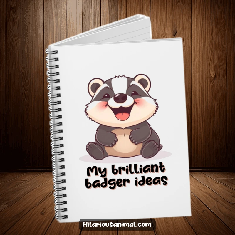 Funny Badger Notebook featuring a delighted badger rolling with glee, perfect for recording notes, thoughts, or creative ideas with a humorous touch.
