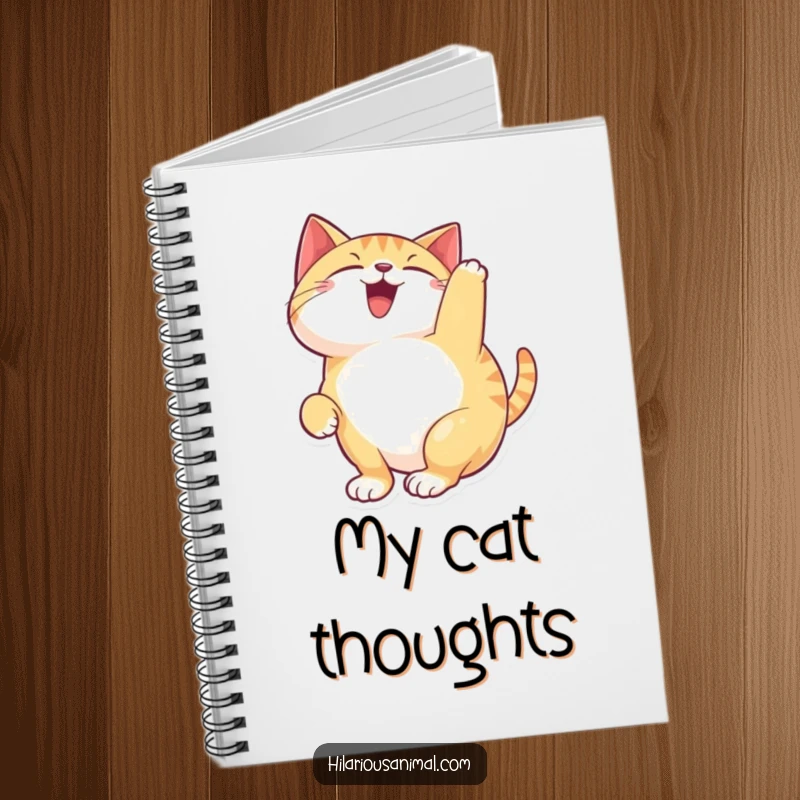 Funny happy cat notebook with a feline arching its back and chattering with delight, ready to record your inspired thoughts.