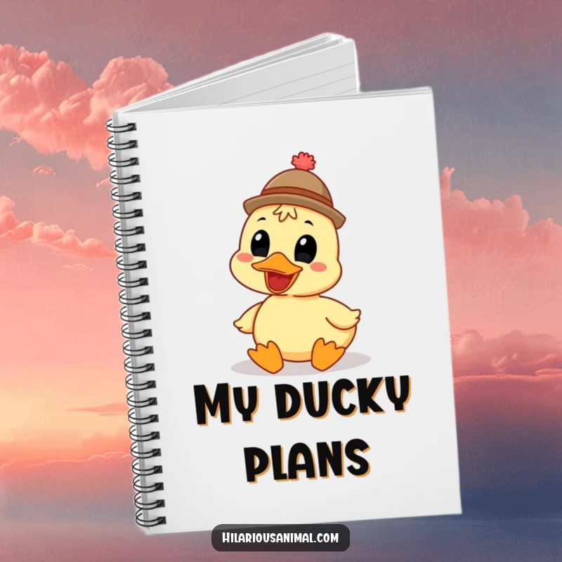 Funny grinning duck notebook wearing a funny hat, spiral-bound with lined pages, features a cheerful bird, perfect for journaling and notes.