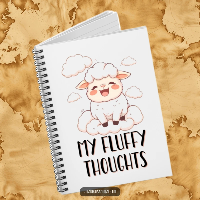 Funny bewildered sheep notebook featuring a sheep bleating with laughter surrounded by fluffy clouds, great for dreamy ideas