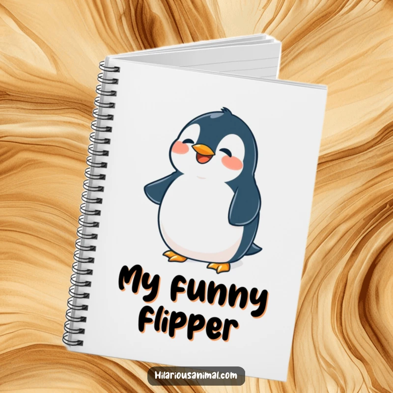 Funny penguin notebook, journal with a cute plump bird belly shaking from laughter, ideal for note-taking.
