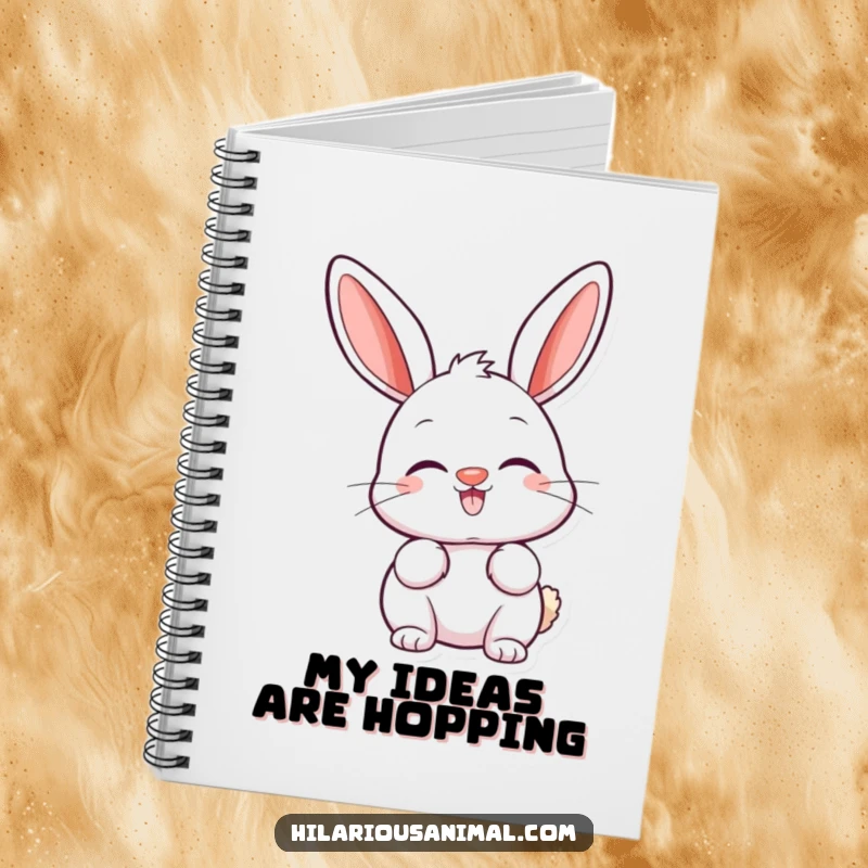 Funny bunny notebook with a happy bunny, twitching nose, and ears perked high in an amused expression.