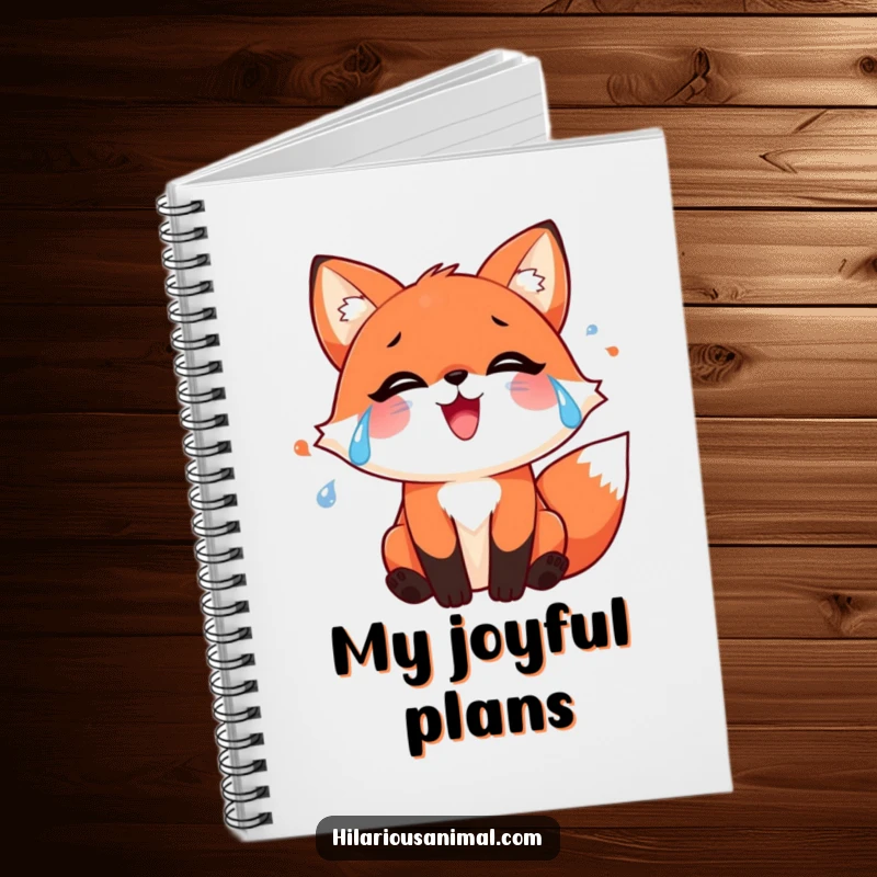 Funny red fox notebook with streams of joyful tears, perfect for jotting down emotional and humorous thoughts.
