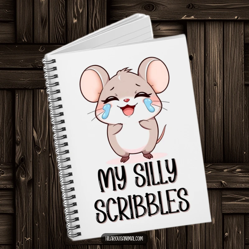 Funny small round mouse character laughing heartily, tears streaming on a notebook, a journal for storing funny thoughts, a perfect funny gift.
