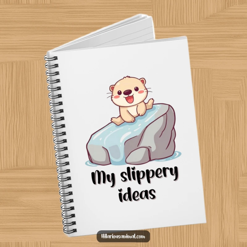 Funny notebook cover featuring a playful otter joyfully sliding down a slippery rock.