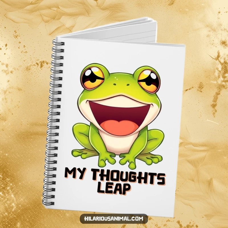 Funny notebook with a green frog laughing with comically bulging eyes, ideal for jotting down humorous thoughts.