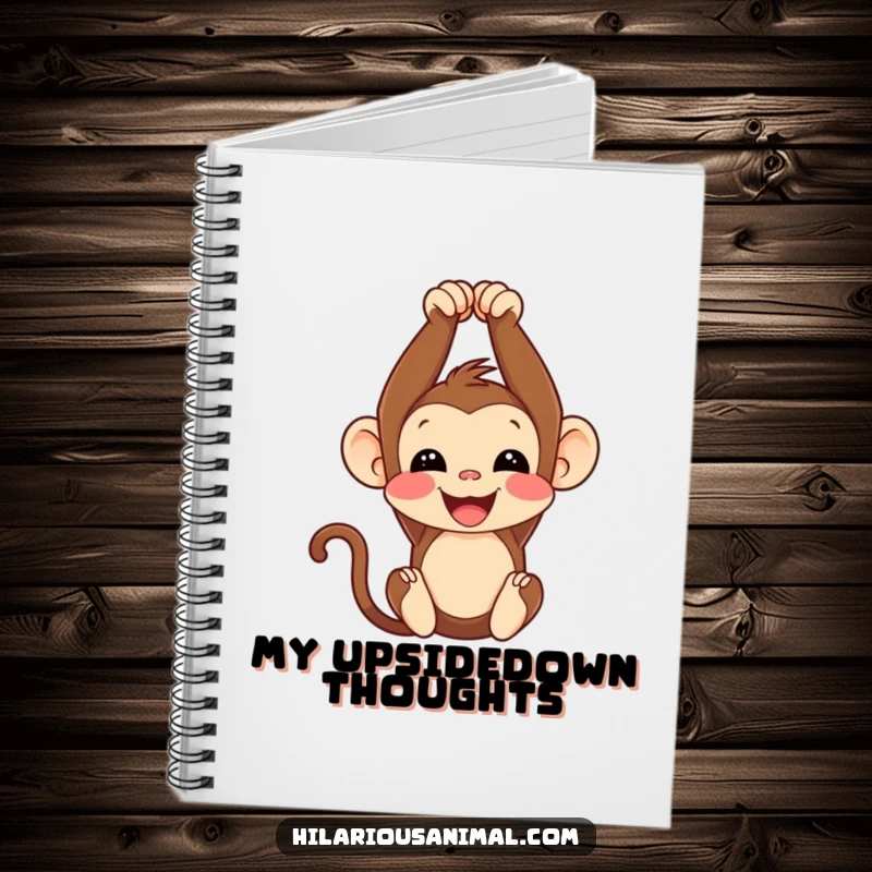 Funny monkey cub notebook, upside down with a cheerful chuckle, perfect for jotting down funny thoughts and ideas.