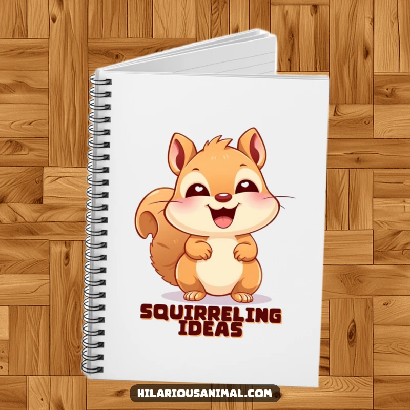 Funny happy squirrel with bright eyes, caught mid-laugh, on a notebook cover, perfect for jotting down happy thoughts and plans.
