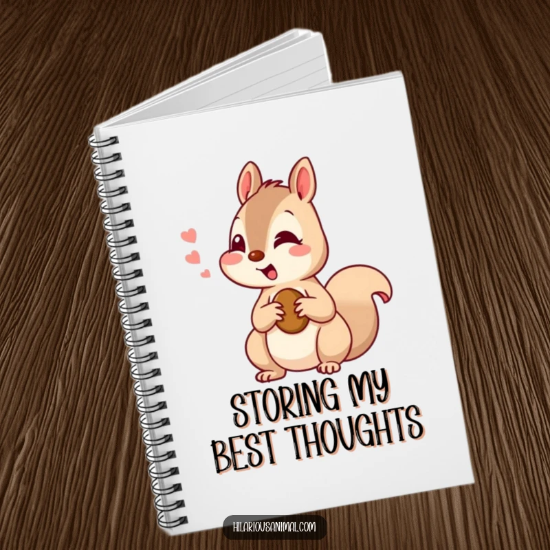 Funny squirrel notebook with a curious squirrel chattering with amusement, holding a nut, ideal for jotting down nutty thoughts.