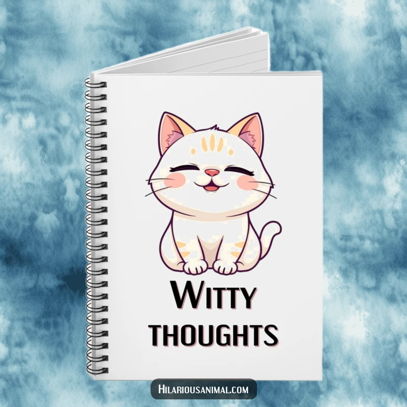 Funny Laughing Cat Notebook featuring a cat with eyes shut and head back, laughing joyfully on the cover.