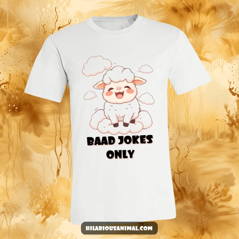 Funny bewildered sheep t-shirt, a sheep bleating with laughter surrounded by fluffy clouds, soft and humorous imagery