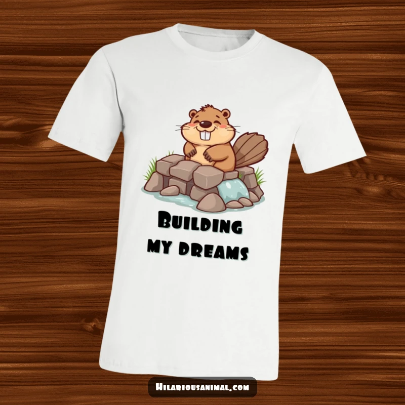 Funny chuckling beaver t-shirt, busy building a lopsided dam, showcasing a hardworking yet humorous character with a comical construction.